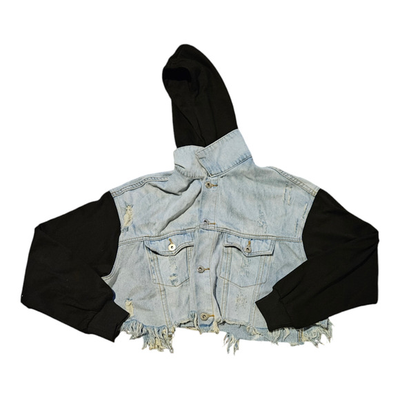 Dance & Marvel Small Long Sleeve Hooded Button Up Distressed Denim Jacket - Picture 1 of 9